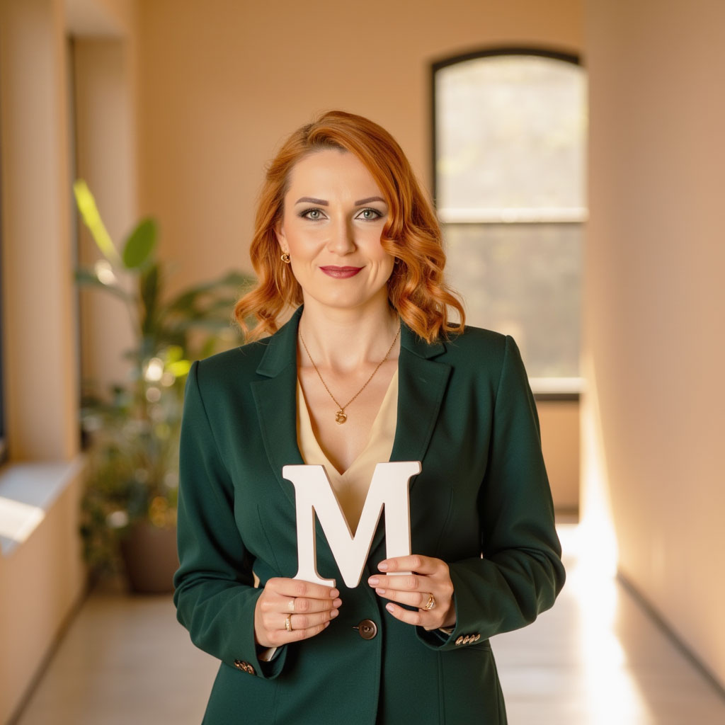 Martina hält einen Buchstaben "M" in der Hand